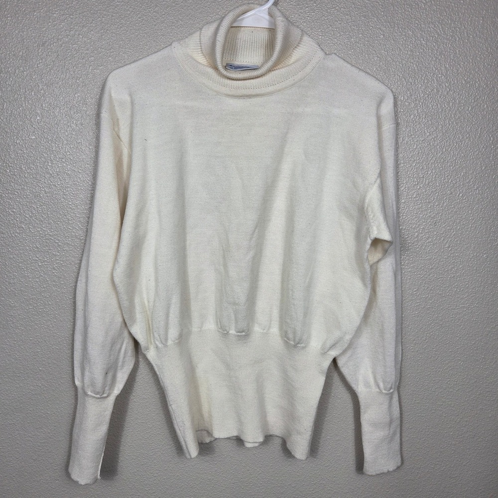 Vintage Meister Wool Blend Turtleneck Sweater Womens M Ivory 80s Wide Waist